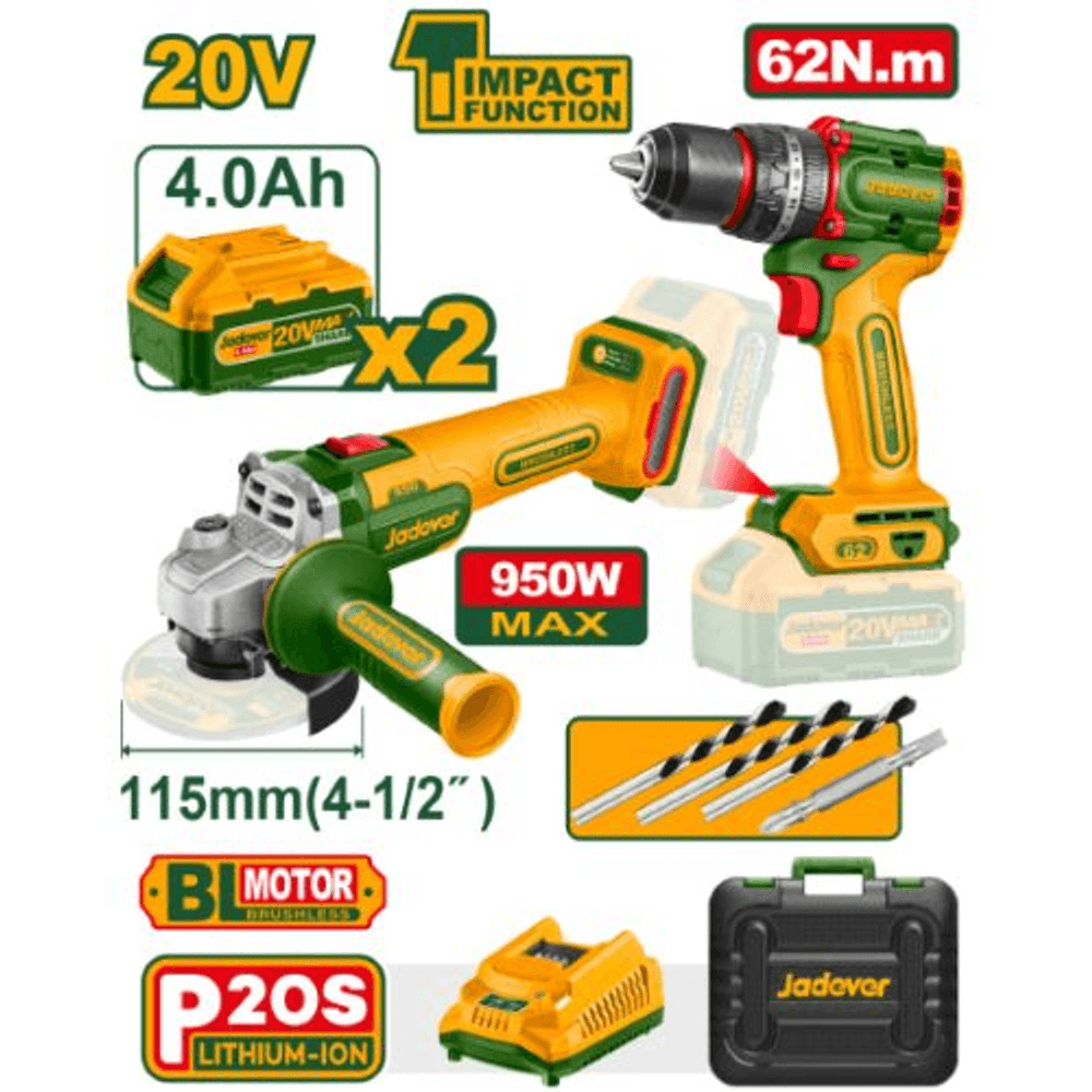 COMBO TALADRO PERCUTOR + AMOLADORA. BL 2X BAT 20V 2AH. + 4AH. + ACC. (M) JADEVER JDCK20273 40782