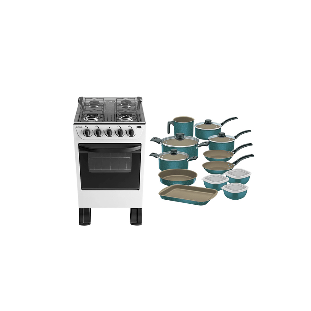 COMBO COCINA JOTA 4 HORNALLAS SIRIUS BLANCO +JUEGO DE OLLAS TURIM TRAMONTINA 12PIEZAS T27899Y TURQUESA C/POTES 81614