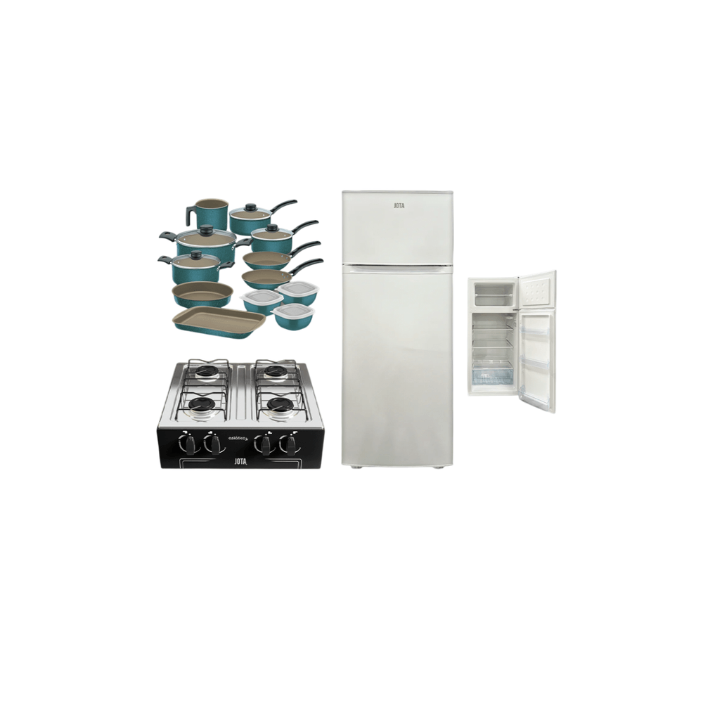 COMBO HELADERA JOTA 300LTS F/H 2PTAS BLANCO + COCINA DE MESA 4H ASIATICO JUNIOR NEGRO JOTA + JUEGO DE OLLAS TRAMONTINA 12PIEZAS T27899Y TURQUESA C/POTES + REGALO 81767