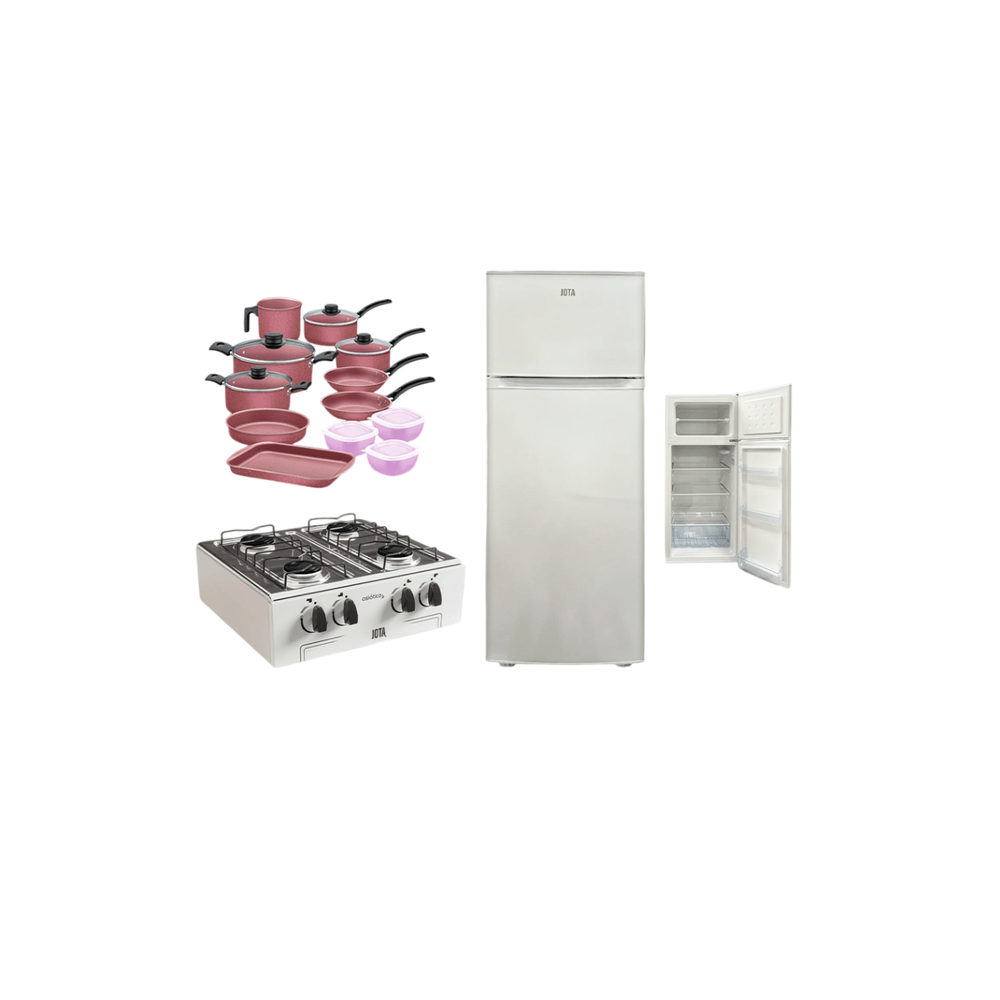COMBO HELADERA JOTA 300LTS F/H 2PTAS BLANCO +  COCINA DE MESA 4H ASIATICO JUNIOR BLANCO JOTA +  JUEGO DE OLLAS TRAMONTINA TURIM ROSA 12 PIEZAS C/POTES T27899W + REGALO 81769