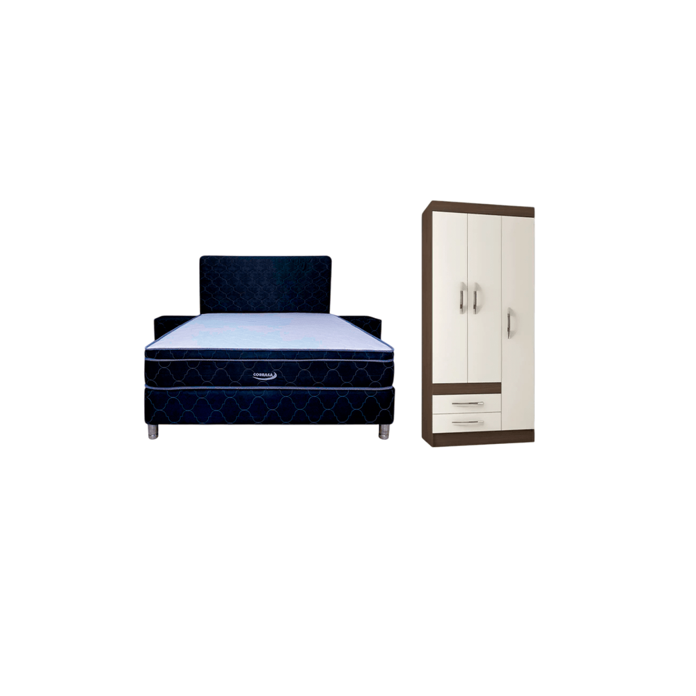 COMBO SOMMIER COBRASA 140X190 AZUL + ROPERO RECIFE 3P AMENDOA OFF WHITE COBRASA 41100 S/ ESPEJO + REGALO 81785
