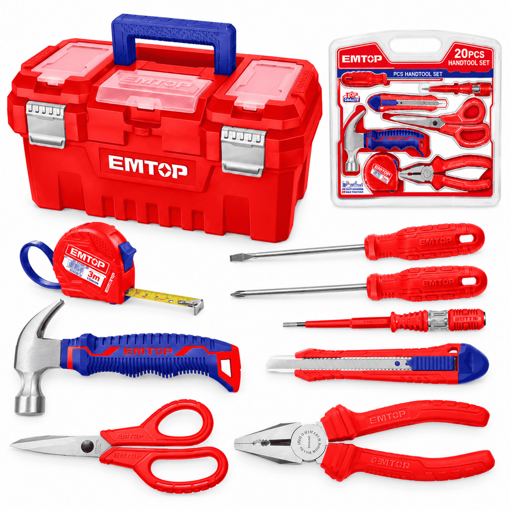 COMBO JUEGO DE HERRAMIENTAS MANUALES 8PZAS EMTOP- EHTS01081 + CAJA DE HERRAMIENTAS 17" PLASTICA HEBILLA MET+BANDEJA EMTOP / EPBX1702