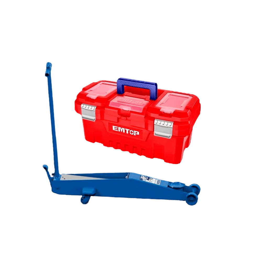 COMBO GATO HIDRAULICO BOVENAU 2T TIPO YACARE + CAJA DE HERRAMIENTAS 17" PLASTICA HEBILLA MET+BANDEJA EMTOP