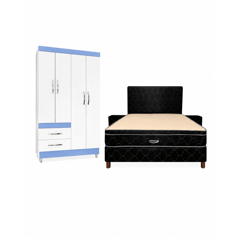 COMBO CAMA COBRASA 140X190 NEGRO + ROPERO RECIFE 4P QUADRIFLEX COBRASA