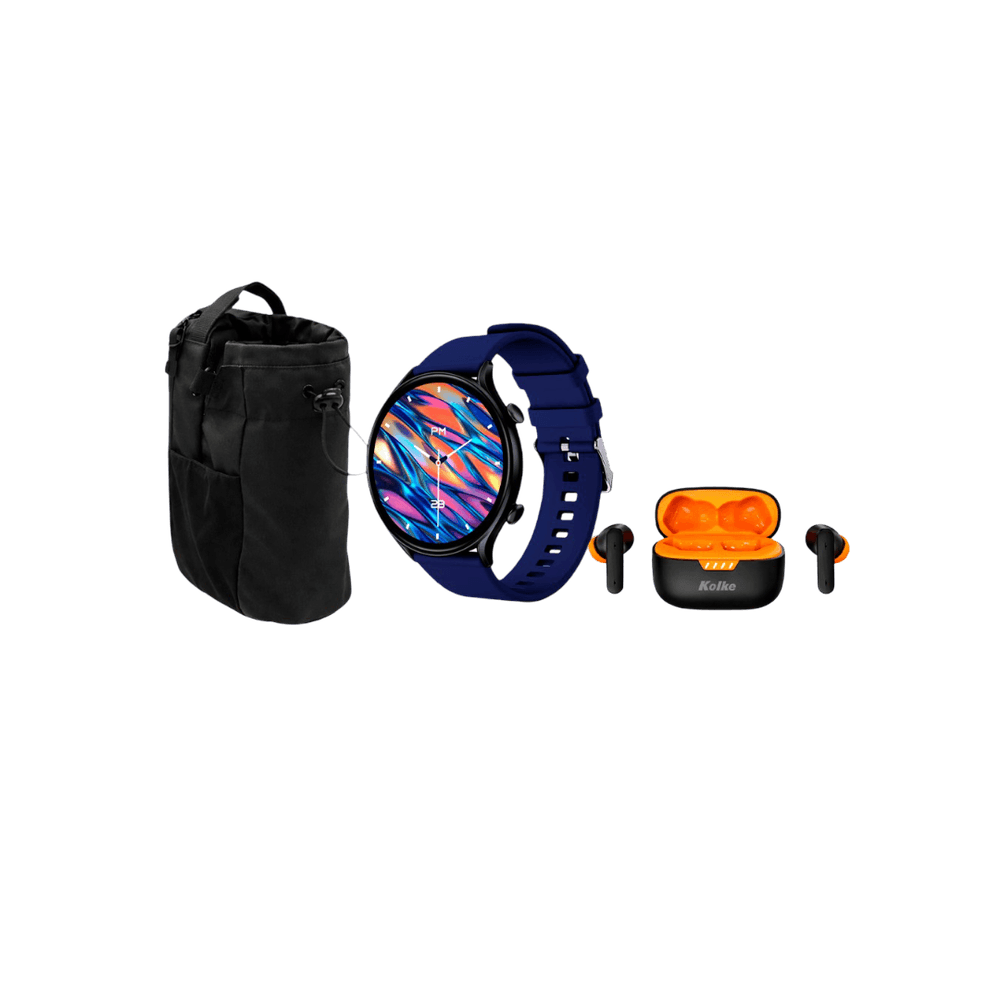 AURICULAR KOLKE TWS CON ESTUCHE CARGADOR KAB-761 NEGRO MÁS: BOLSO CON IMAN PARA GIMNASIO MÁS: SMARTWATCH KOLKE KVR-713 AZUL