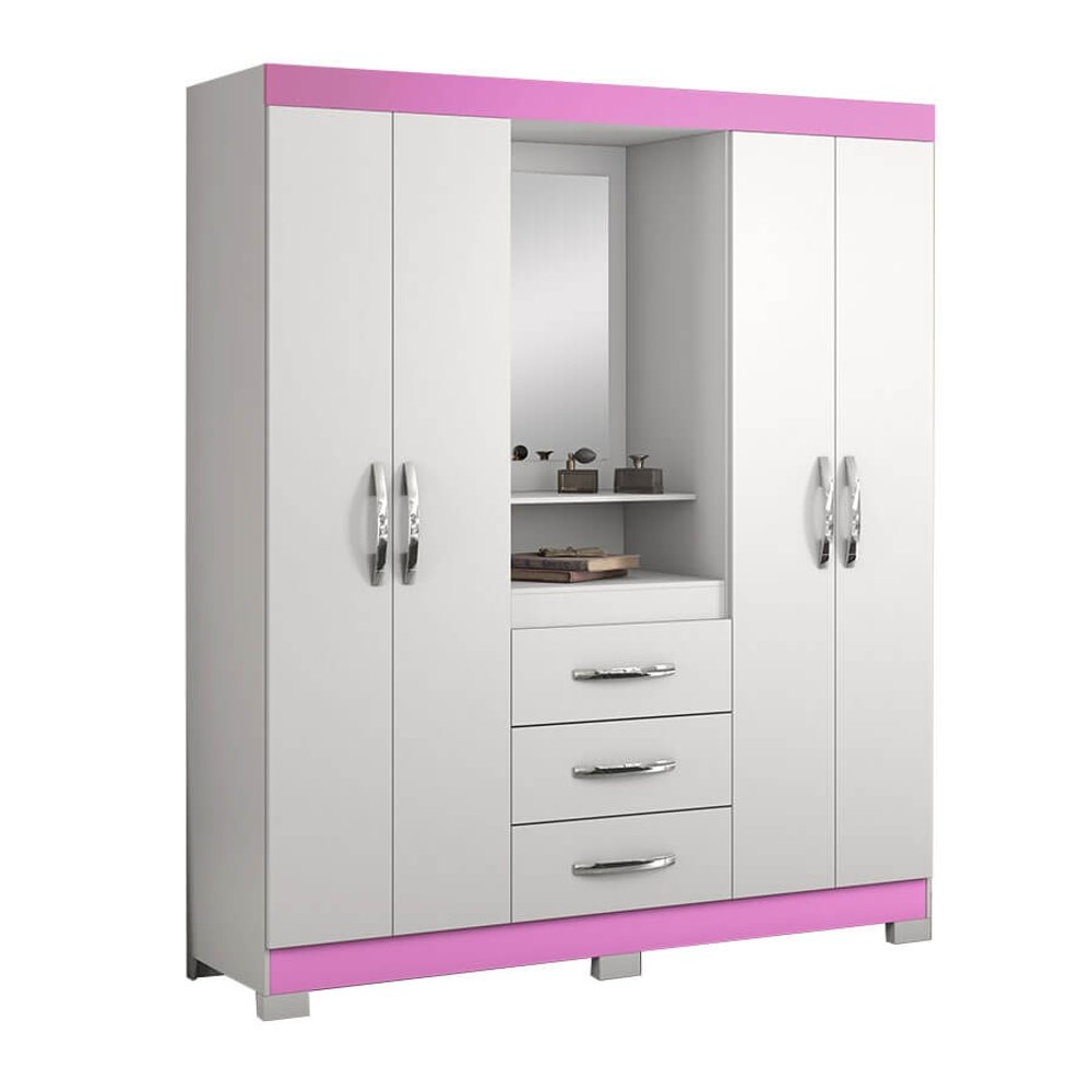 ROPERO 4 PUERTAS 3 CAJONES CON ESPEJO PUERTAS CAPELINHA NT5015 NOTAVEL BLANCO|ROSA