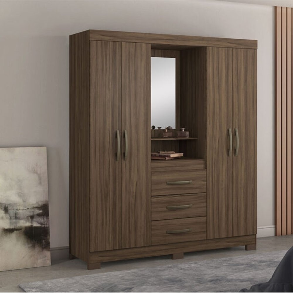 ROPERO 4 PUERTAS 3 CAJONES CON ESPEJO CAPELINHA NT5015 NOTAVEL NOGAL TREND
