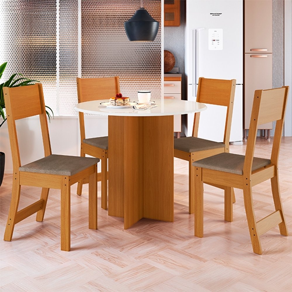 CONJUNTO COMEDOR REDONDO 4 SILLAS ALICE 10085.1 INDEKÉS FREIJO|OFF WHITE TELA CACAO