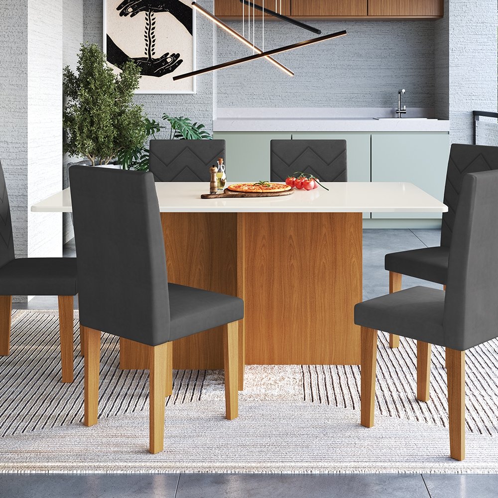 CONJUNTO COMEDOR 1700 6 SILLAS MIAMI INDEKÉS FREIJO | OFF WHITE | TELA GRAFITE