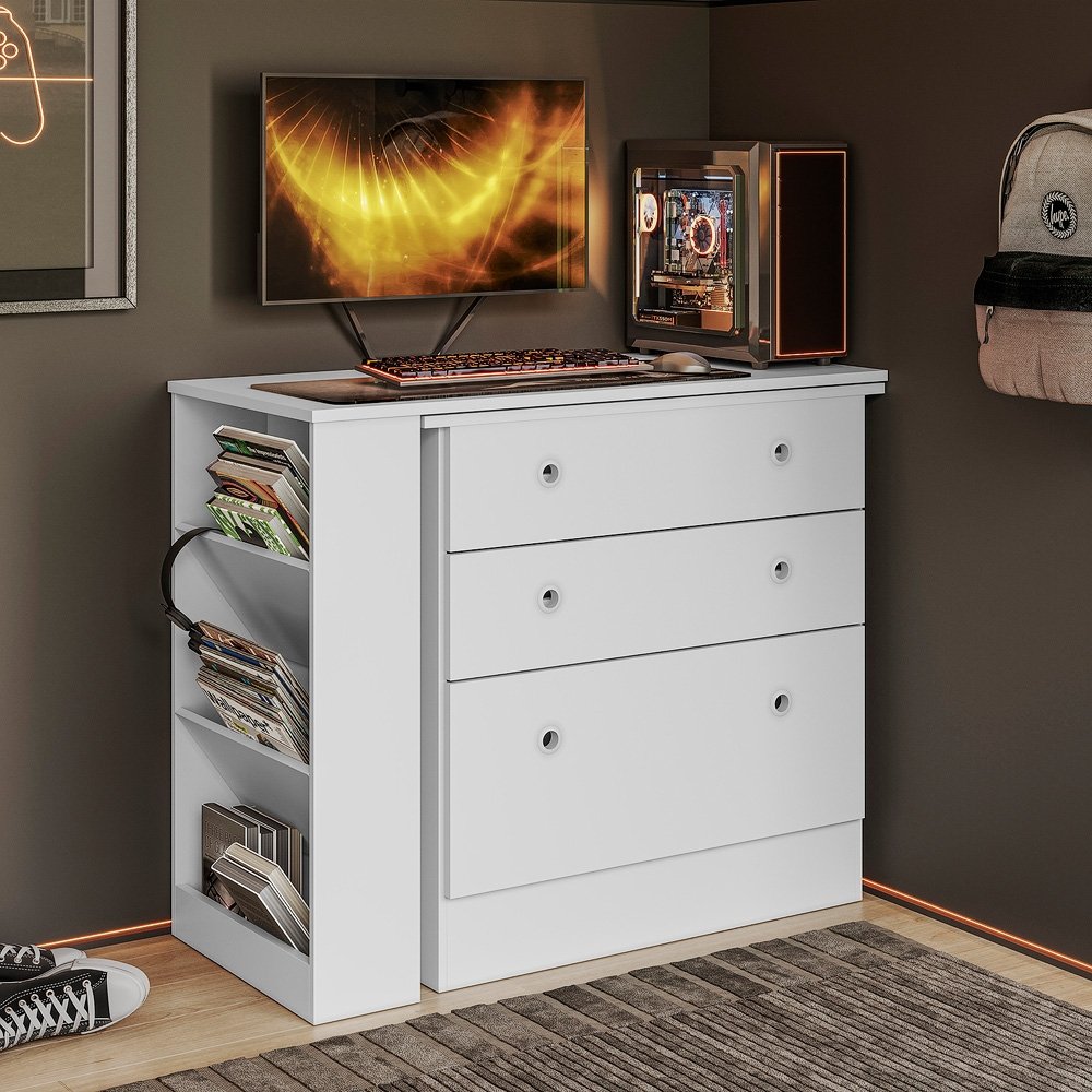 COMODA 3 CAJONES CON MESA GIRATORIA GAMER 4840 QMOVI BLANCO