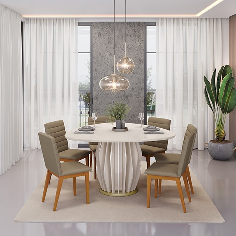 CONJUNTO COMEDOR CON VIDRIO REDONDO TOKYO 6 SILLAS SOFIA DJ OFF WHITE | MADERA LINHO BEGE