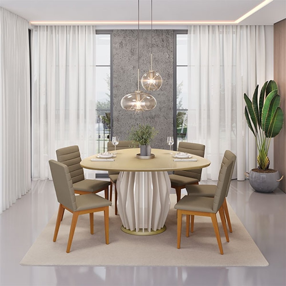 CONJUNTO COMEDOR CON VIDRIO REDONDO TOKYO 6 SILLAS SOFIA DJ OFF WHITE DOURADO | MADERA LIN