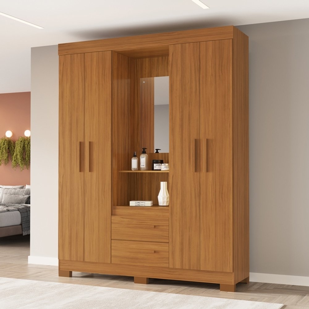 ROPERO 4 PUERTAS 2 CAJONES CON ESPEJO CAPELINHA NT6055 NOTAVEL FREIJO TREND