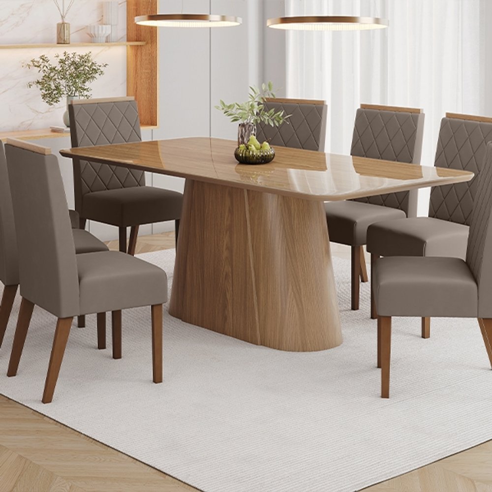 CONJUNTO COMEDOR 2000 ARREDONDADO CON VIDRIO OLIVIA 8 SILLAS MADERA NINA HENN NATURE | TEL