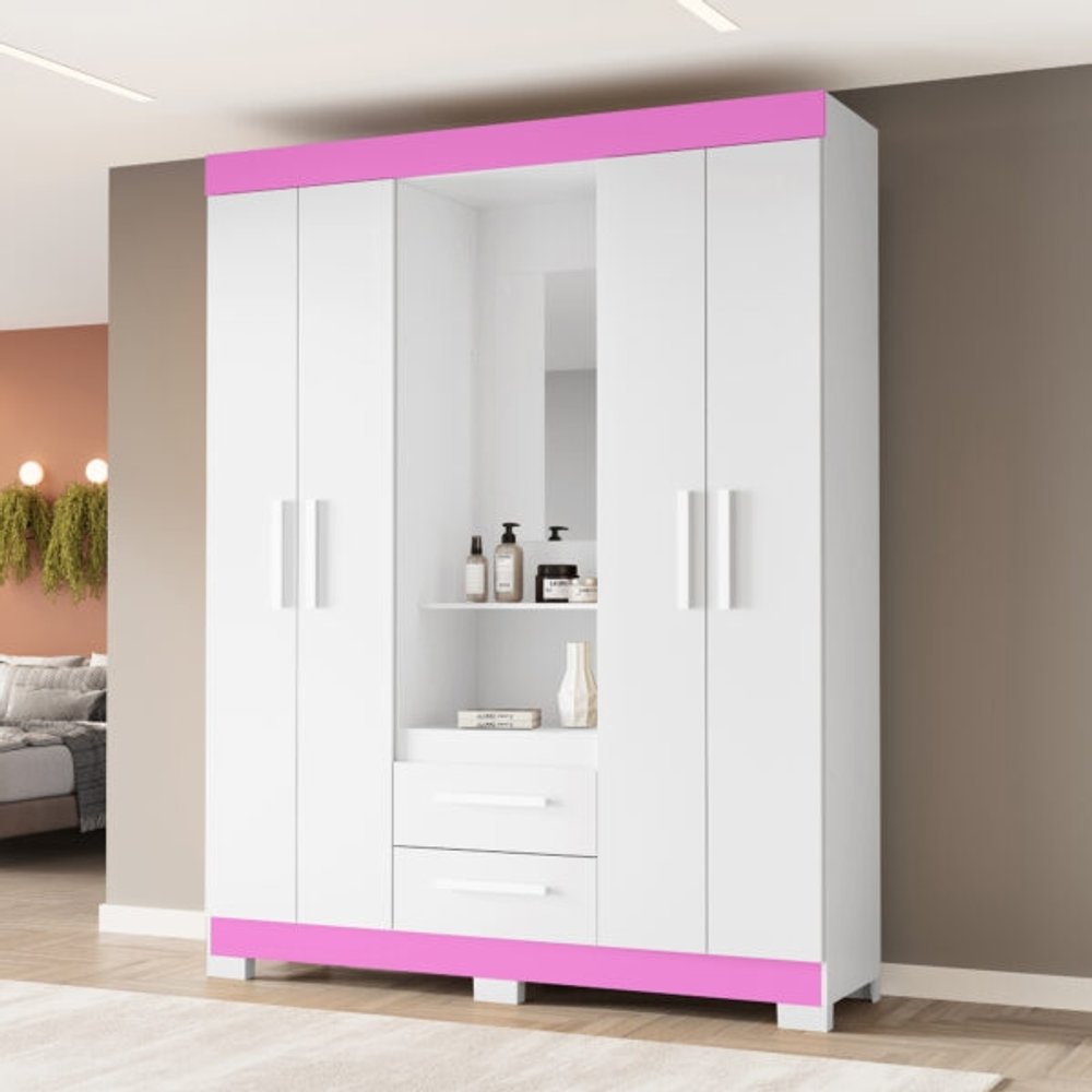 ROPERO 4 PUERTAS 2 CAJONES CON ESPEJO CAPELINHA NT6055 NOTAVEL BLANCO|ROSA FLEX