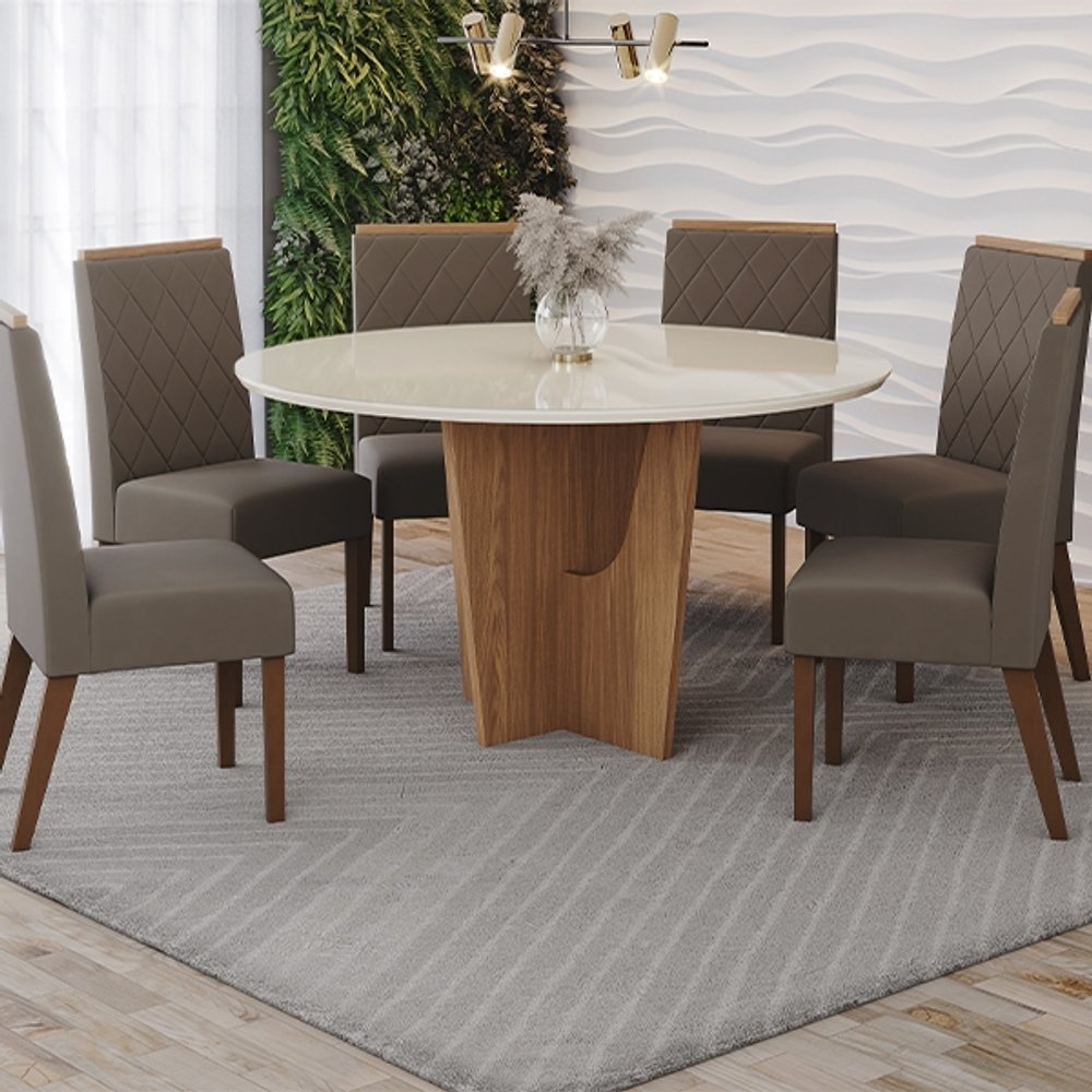 CONJUNTO COMEDOR REDONDO 1400 ARREDONDADO CON VIDRIO VERTICE 6 SILLAS MADERA NINA HENN OFF