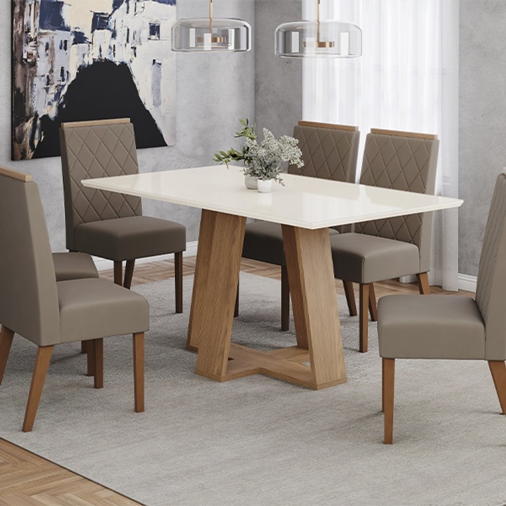 CONJUNTO COMEDOR 160 RECTO CON VIDRIO LINS 6 SILLAS NINA HENN OFF WHITE | TELA MARRON ALME