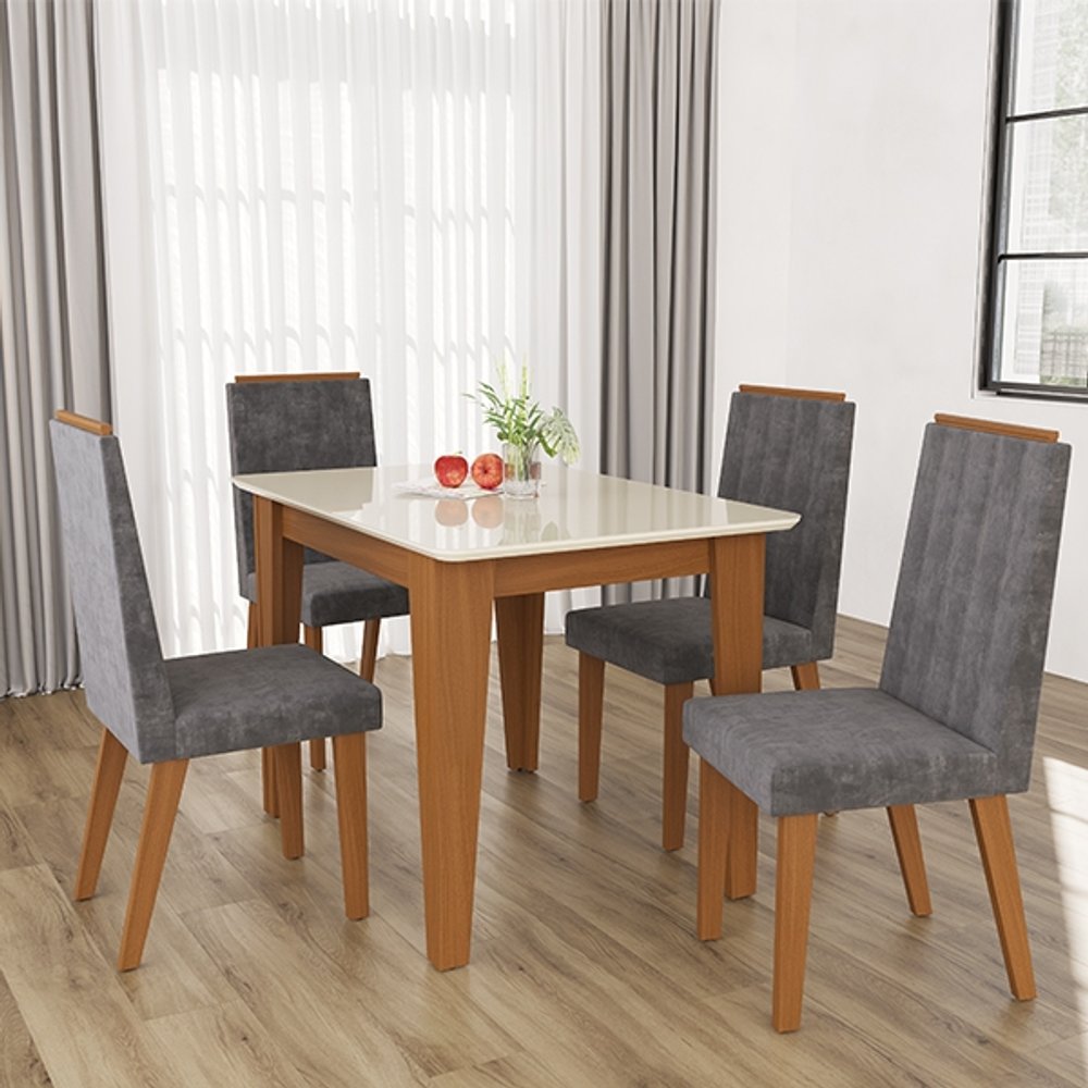 CONJUNTO COMEDOR 1100 4 SILLAS SUECIA INDEKÉS FREIJO | OFF WHITE | TELA TITANIO