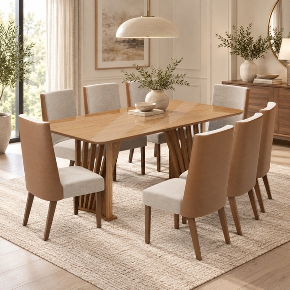 CONJUNTO ADRIANA REDONDEADO CON VIDRIO 8 SILLAS MADERA ANNE NATURE| OFF WHITE| MADERA| CAR