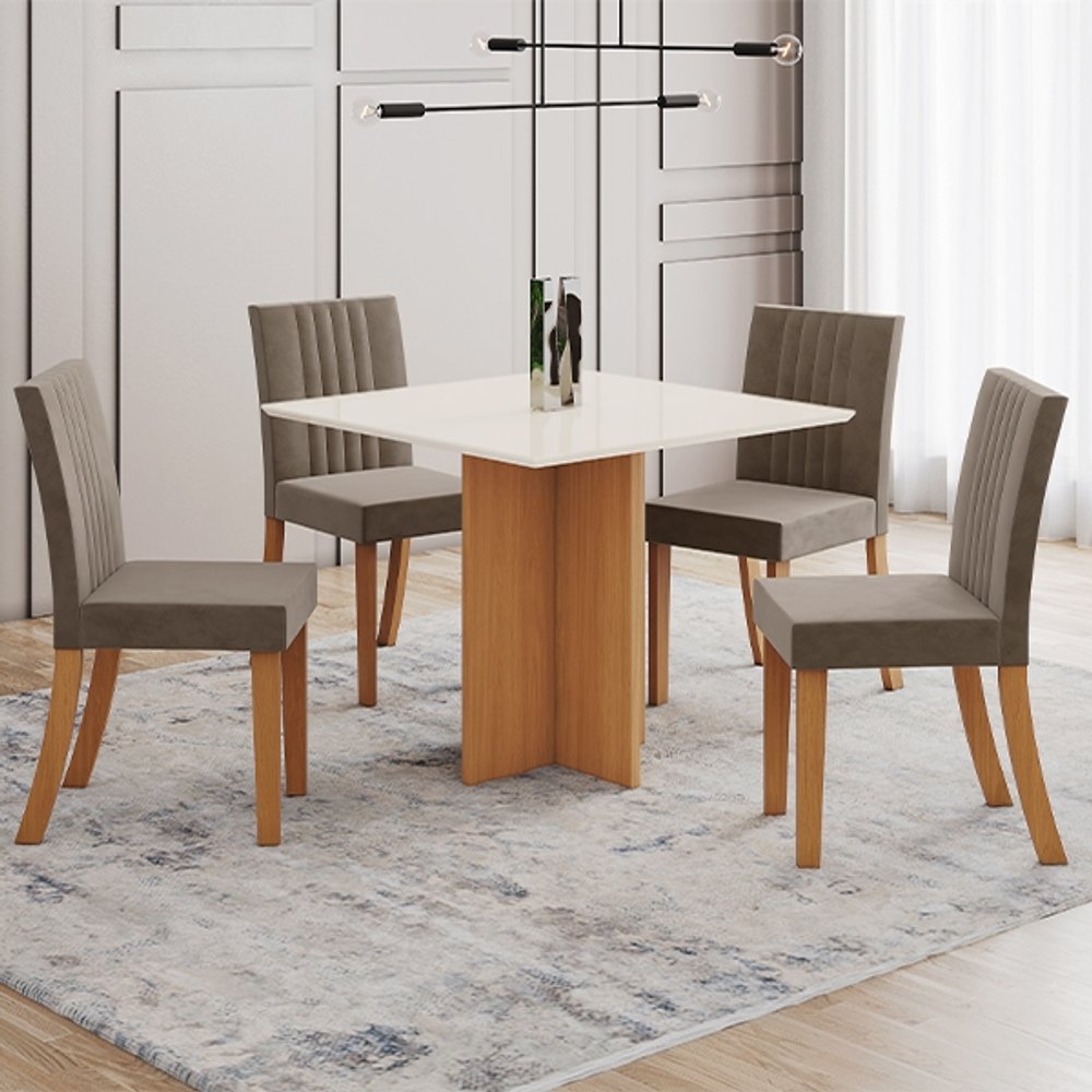 CONJUNTO COMEDOR LANA RECTO SIN VIDRIO 4 SILLAS LILY HENN CINAMOMO|OFF WHITE | MARRON ALME
