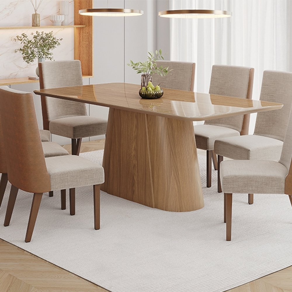 CONJUNTO COMEDOR ARREDONDADO CON VIDRIO OLIVIA 8 SILLAS MADERA ANNE HENN NATURE/MADERA/COR