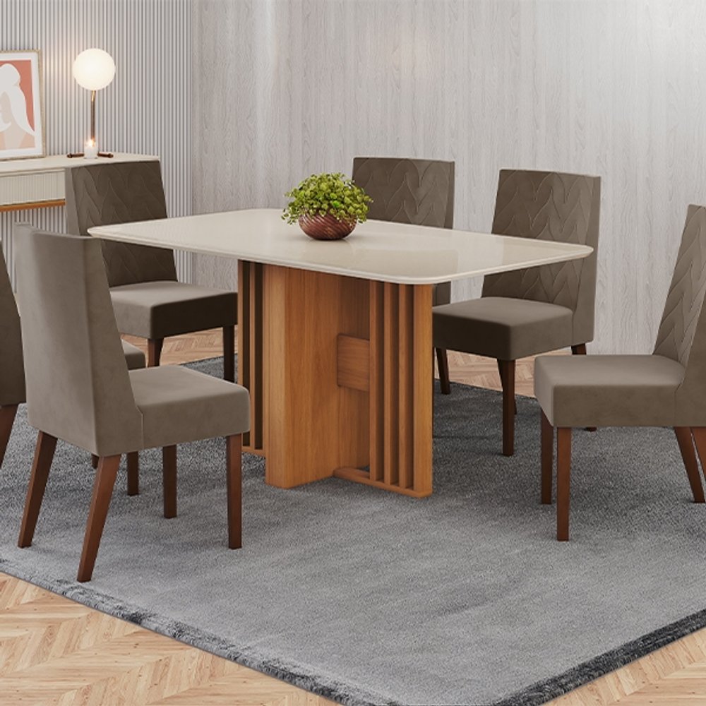 CONJUNTO COMEDOR LARAH 160 ARREDONDAO CON VIDRIO CON 6 SILLAS MADERA MAITE HENN CINAMOMO|M