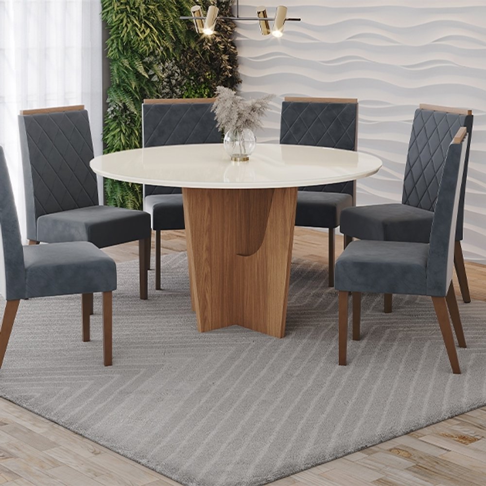 CONJUNTO COMEDOR VERTICE REDONDO 1400 CON VIDRIO 6 SILLAS MADERA NINA HENN NATURE|OFF WHIT