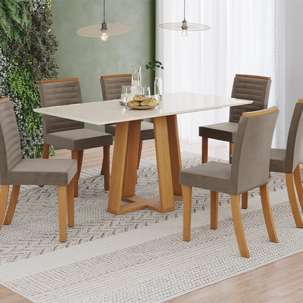 CONJUNTO COMEDOR LISA 160 RECTO CON VIDRIO 6 SILLAS THAINÁ CINAMOMO|OFF WHITE | MARRON ALM