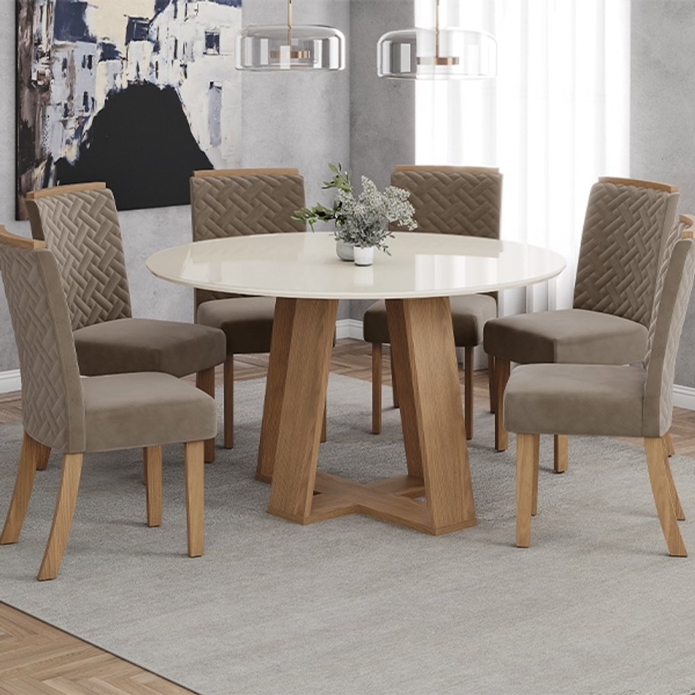 CONJUNTO COMEDOR LINS REDONDO 1400 6 SILLAS MALU HENN NATURE|OFF WHITE|NATURE MARRON ALMEN