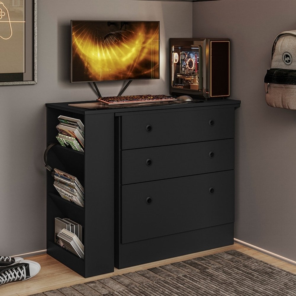 COMODA 3 CAJONES CON MESA GIRATORIA GAMER 4840 QMOVI NEGRO