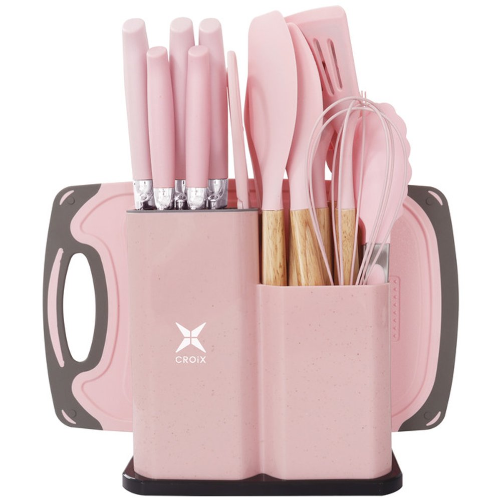 SET DE UTENSILIOS 19 PCS CROIX SILICONA+MADERA ROSA CMU-022